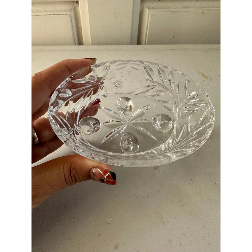 Vintage American Cut Leaf Pattern Footed Hungarian Glass Crystal Trinket Dish